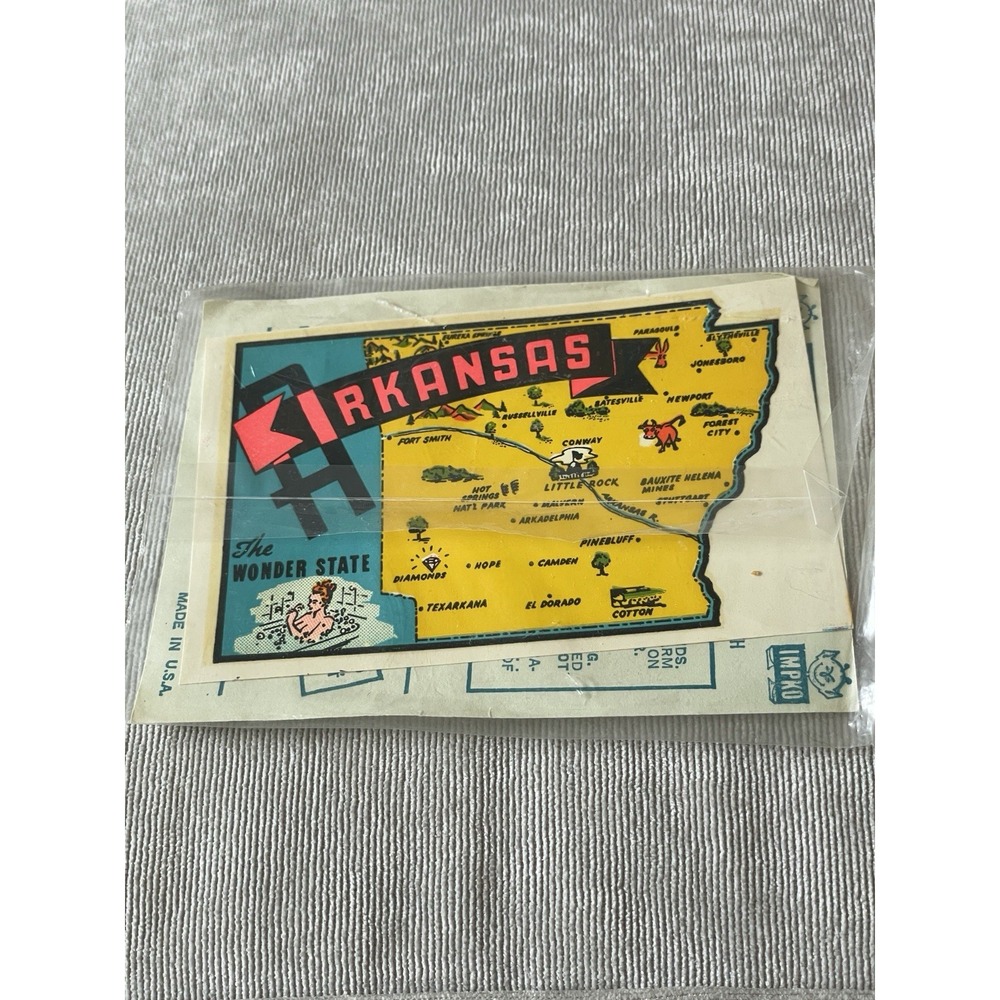 Vintage Arkansas‎ State Sticker Decal Souvenir Travel Retro USA Ephemera Bumper